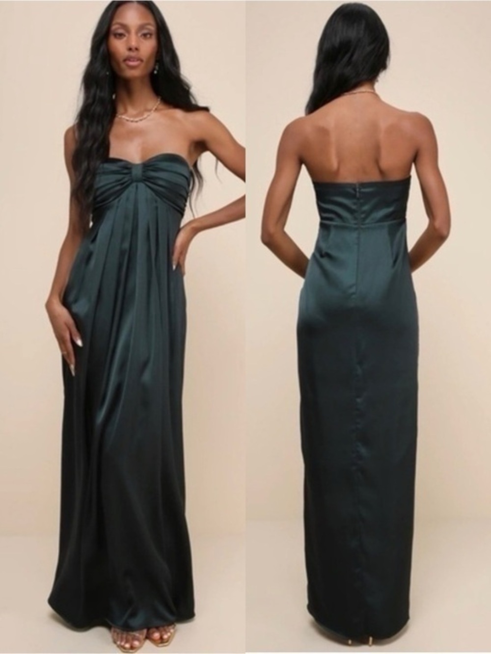 NWT Lulu’s Memorable Entrance Emerald Green Strapless Satin Maxi Dress Size XS